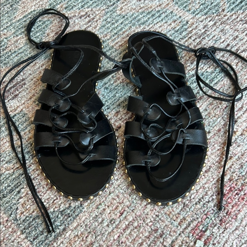 J. Crew Italian leather Studded Black Ankle wrap Gladiator Sandals